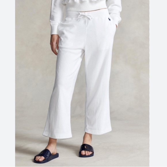 RALPH LAUREN SPORT WOMENS WHITE CROPPED ANKLE SWEATPANTS TERRY LINED LARGE - Picture 1 of 6